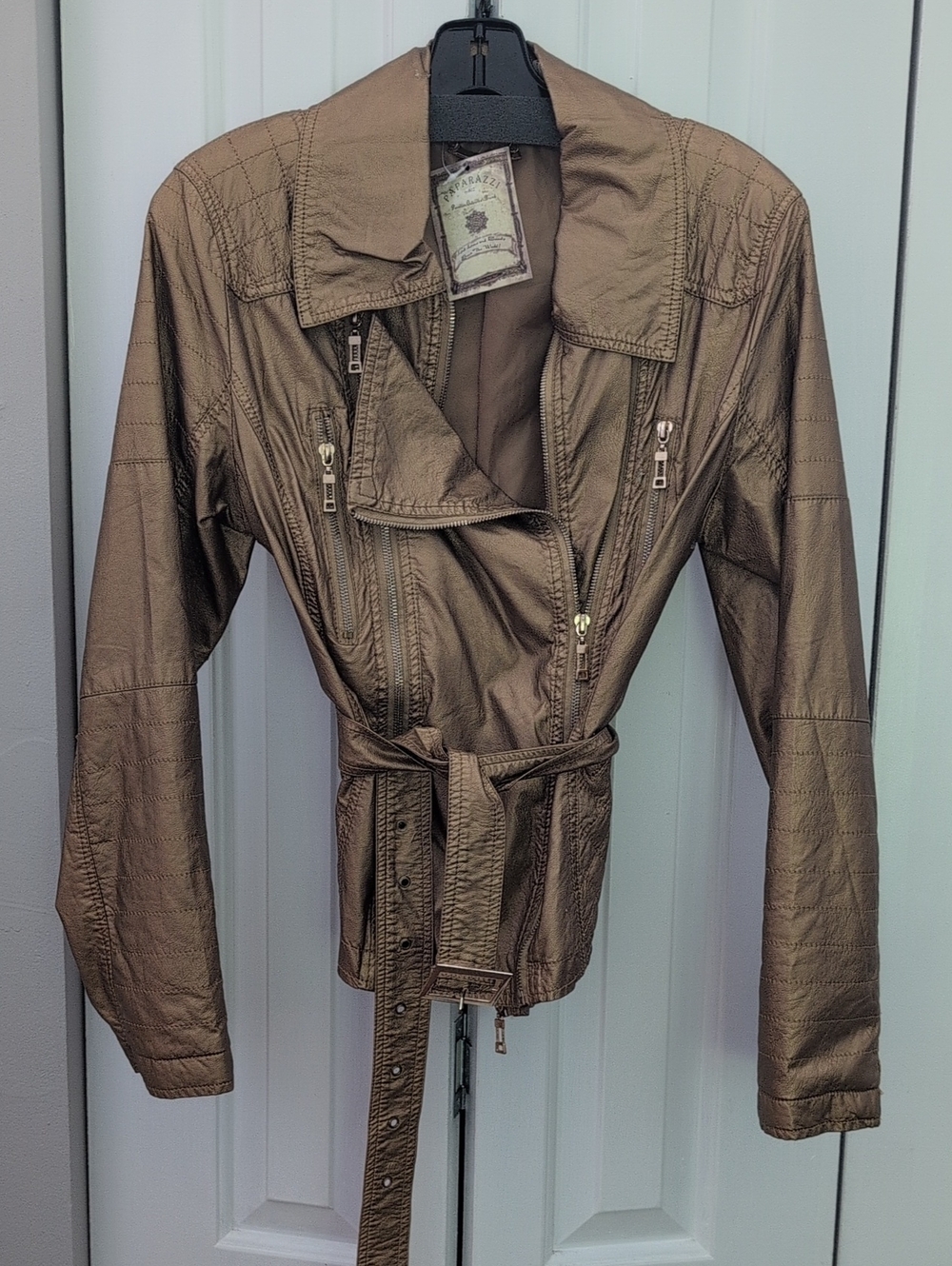 paparazzi Metallic Bronze Belted Faux Leather Jacket